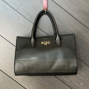 BCBG Paris Women's Studded Tote Handbag Black Gold Faux Leather Large Edgy Glam